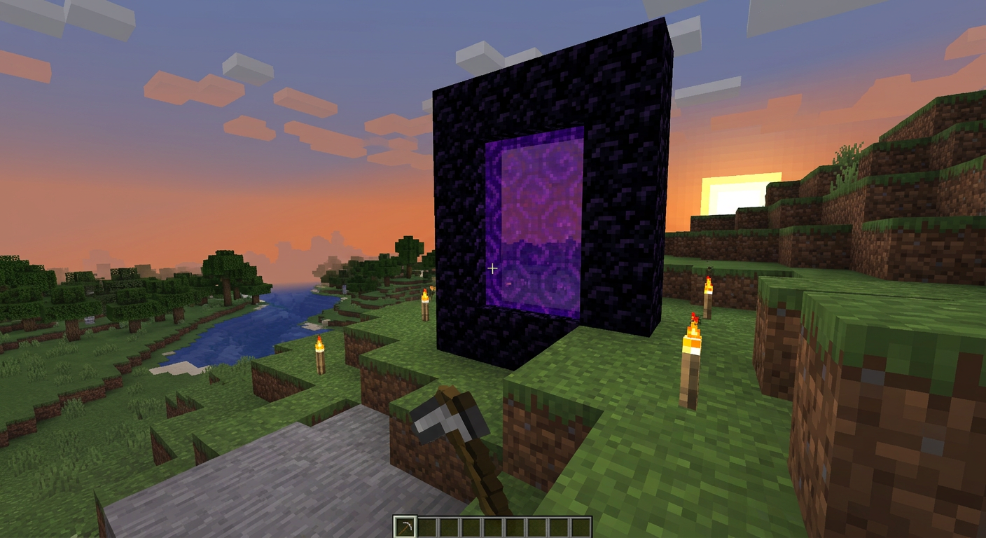 Lit obsidian nether portal on a grassy hill at sunset