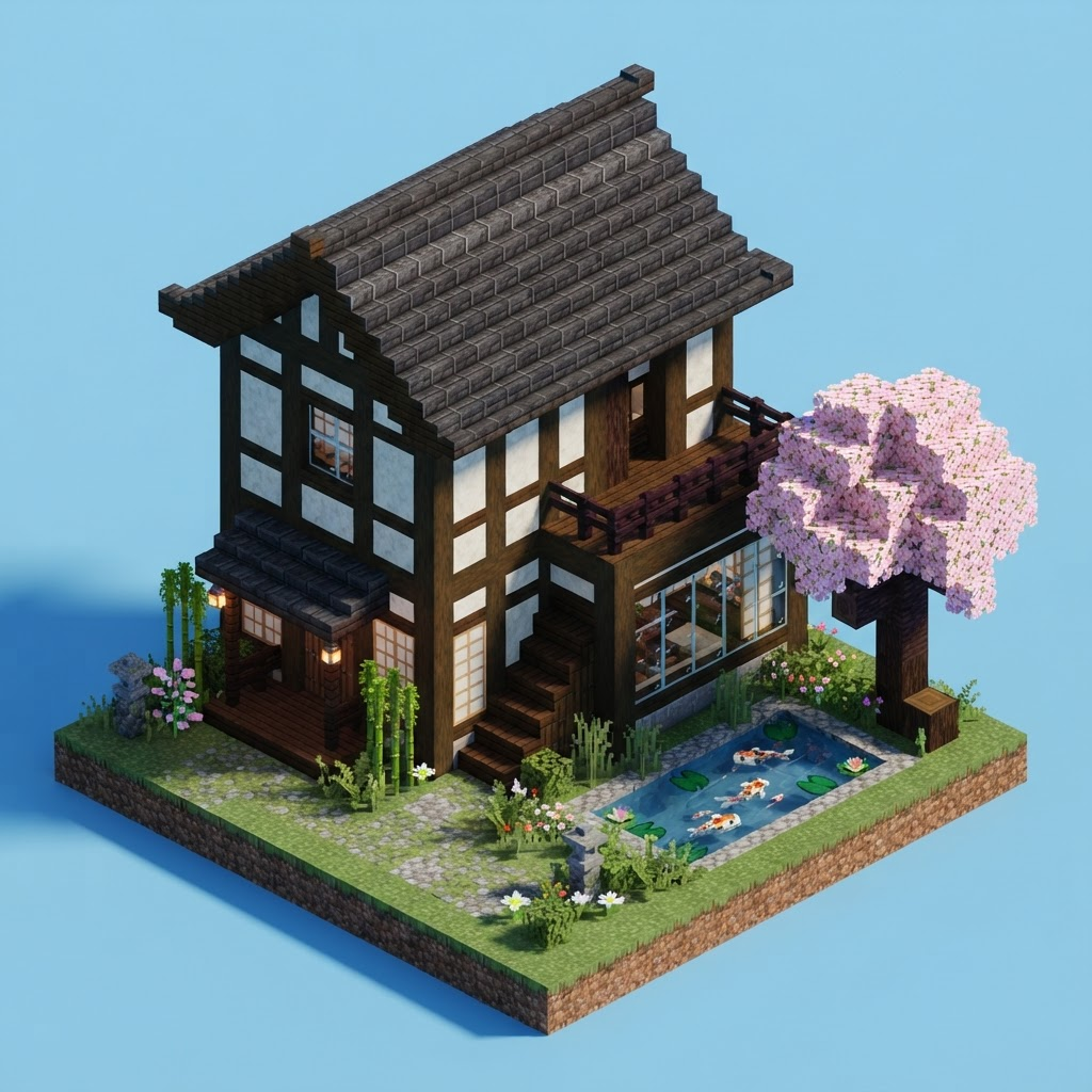 Modern Japanese style house with a curved roof